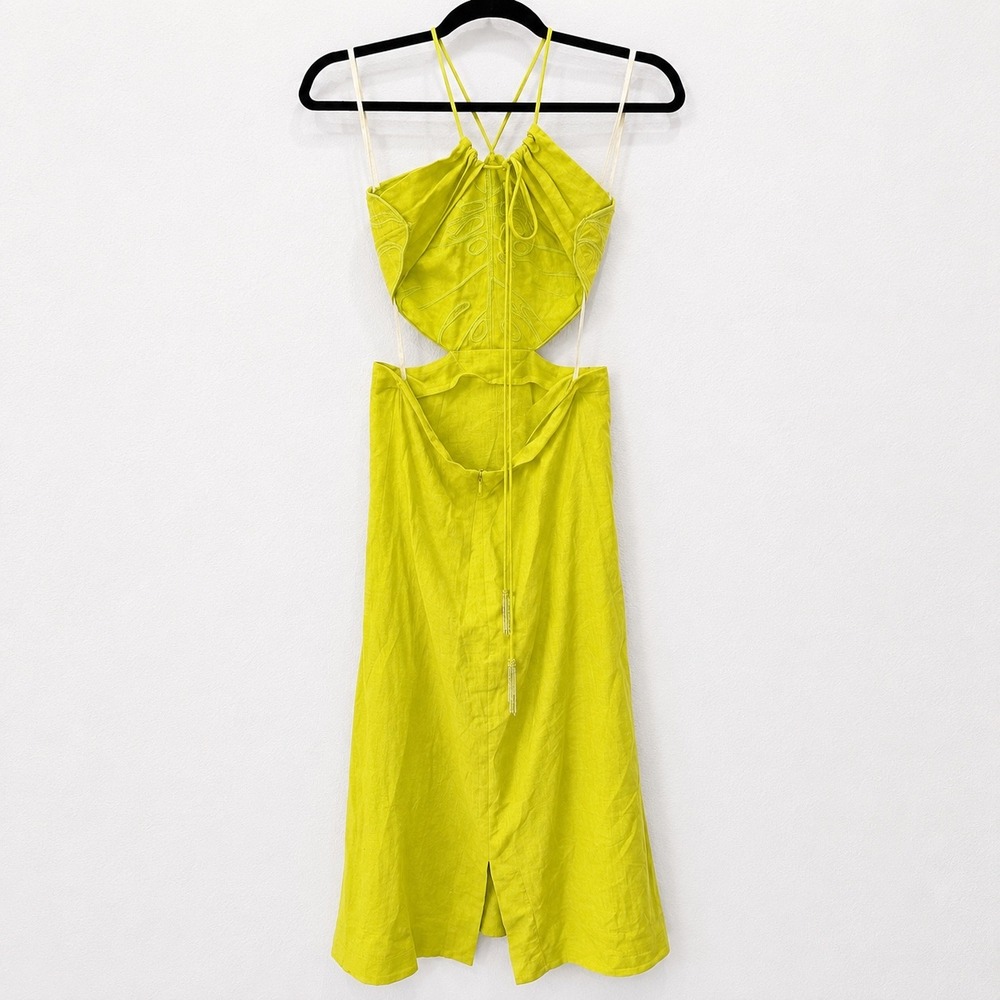 Farm Rio Monstera Leaf Embroidered Cut-Out Midi Dress Lime Green Small - Picture 5 of 6